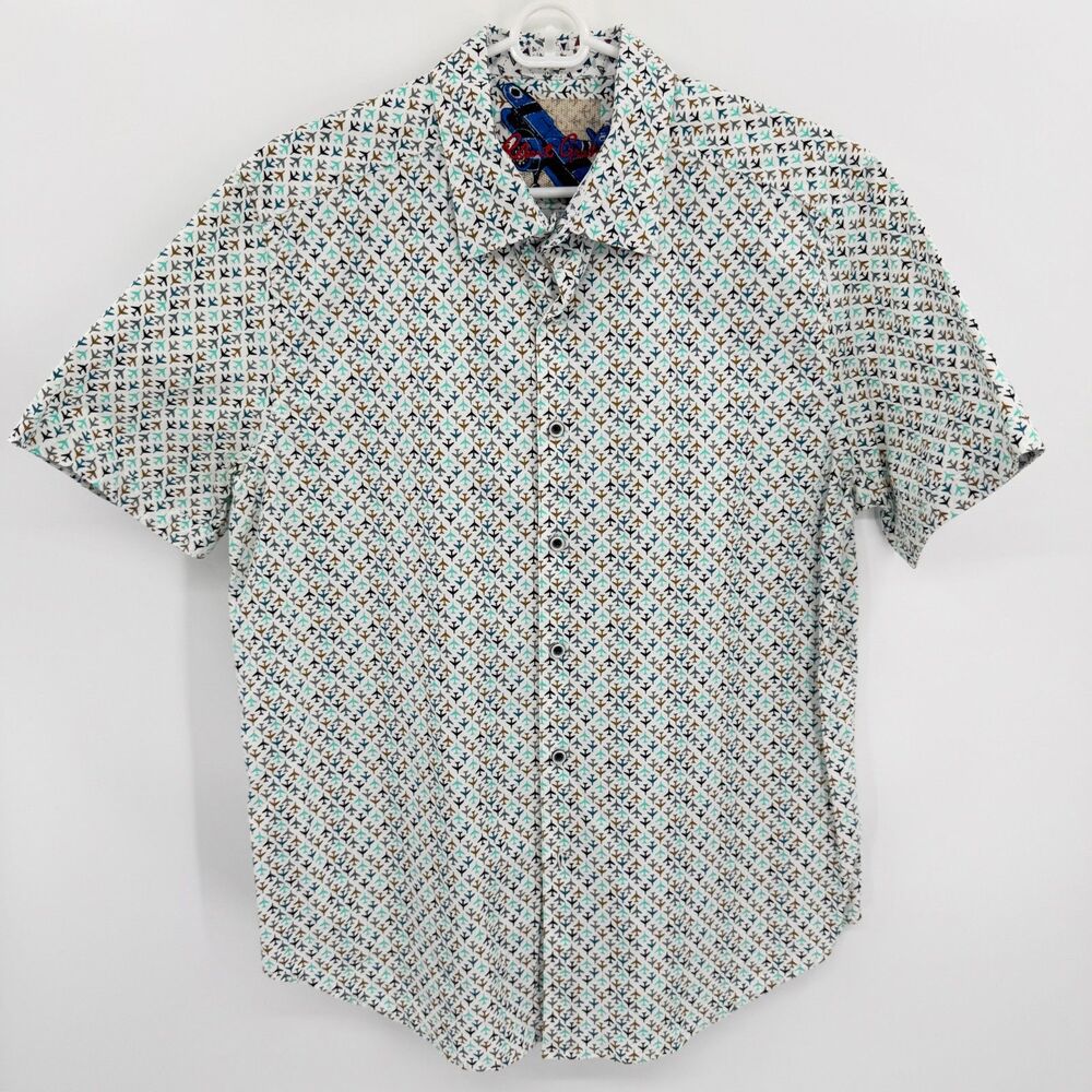 ROBERT GRAHAM White Oriole Airplane Print Button Down Short Sleeve Shirt Size XL